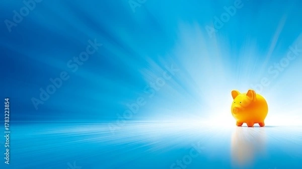 Obraz Glowing orange piggy bank stands on reflective surface against streaking vibrant blue background that emanates light and energy from the right