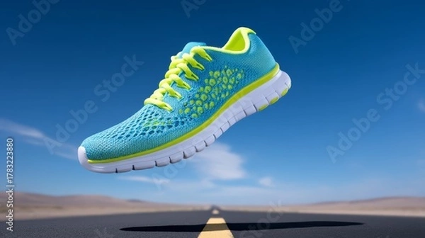 Obraz Bright blue and neon yellow running shoe is captured mid air floating above long straight road under clear blue sky