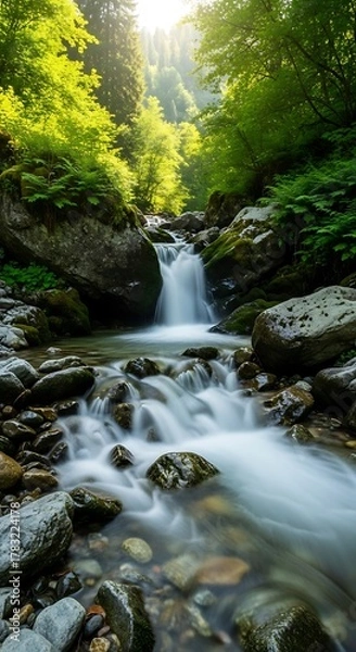 Obraz Cascading Waterfall Through Lush Green Forest - A Serene Escape.