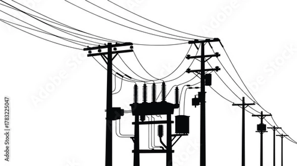 Fototapeta Utility pole electrical transformer infrastructure, power distribution system illustration, urban electricity grid vector, energy transmission lines artwork, industrial utility equipment drawing, 