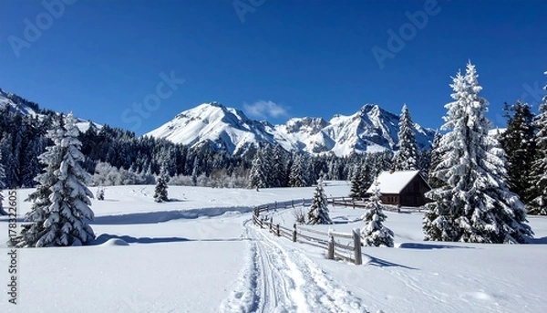 Fototapeta A pristine snow-covered landscape of a winter wonderland under a bright blue sky. A trail leads to a small cabin near forested areas and majestic mountains