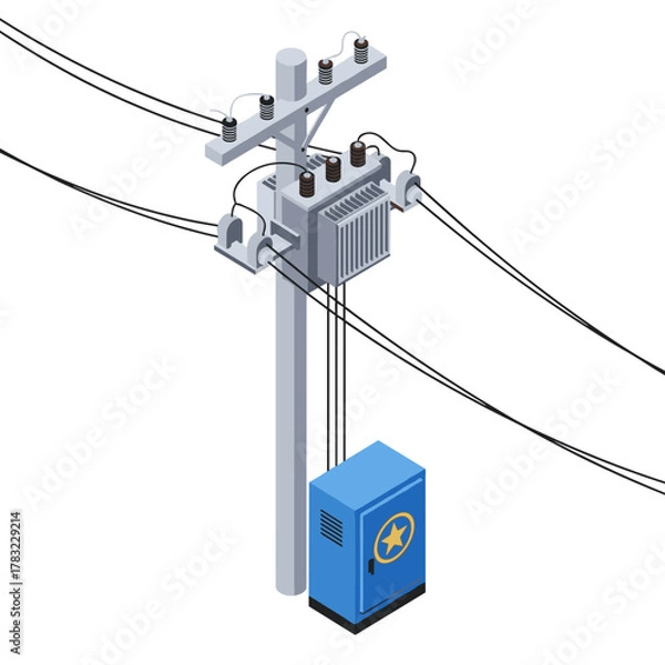 Fototapeta An electrical transformer mounted on a utility pole with power lines and a ground cabinet below.