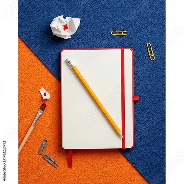Obraz Creative Workspace - Notebook, Pencil, and Art Supplies on Colorful Background.