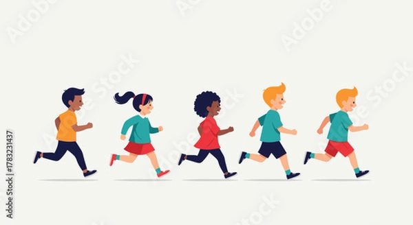 Fototapeta A diverse group of cheerful children, including boys and girls of various ethnicities, joyfully running together in a line.