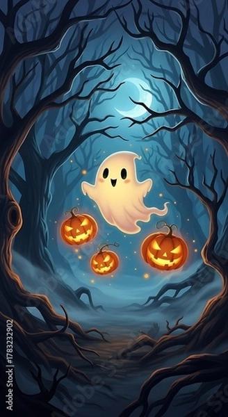 Obraz Cute Ghost and Pumpkins in a Forest.