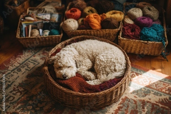 Fototapeta Dog sleeping in wicker basket indoors