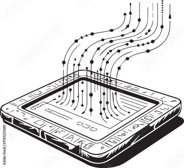 Fototapeta Conceptual illustration of a computer processor chip with data streams flowing upwards and outwards representing information processing and digital technology in a schematic drawing style