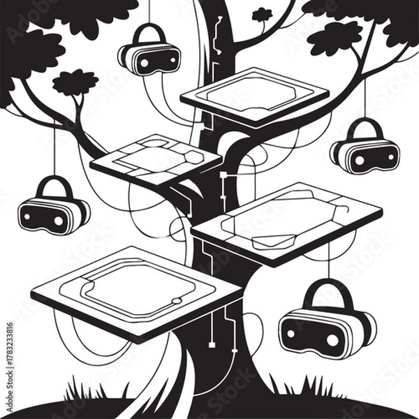 Fototapeta Whimsical illustration of a stylized tree with interconnected platforms and hanging virtual reality headsets symbolizing digital connection and immersive experiences