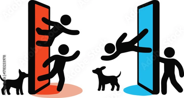 Fototapeta Stylized stick figures and dogs are depicted in a surreal scene with some figures entering and exiting glowing portals that resemble open mobile phone screens suggesting a digital transition or escape