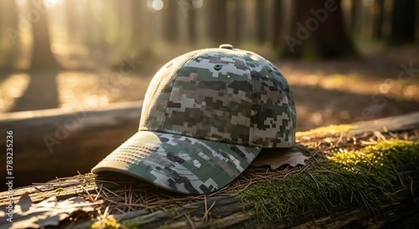 Fototapeta Camouflage cap resting on mossy log in sunlit forest.
