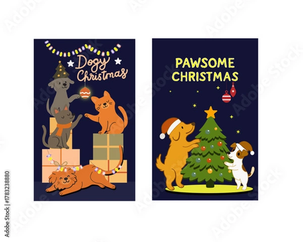 Obraz Festive Christmas Pet Illustrations with Dogs and Cats Decorating Tree and Playing with Gifts  card in Holiday Setting