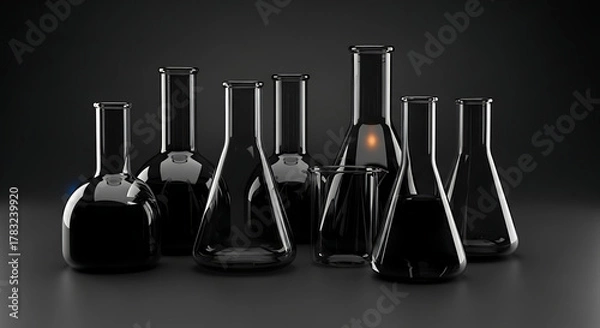 Obraz Black Laboratory Glassware with Glowing Flask on Dark Background for Scientific Art, Mystery, and Design Concepts, 32K Revolution