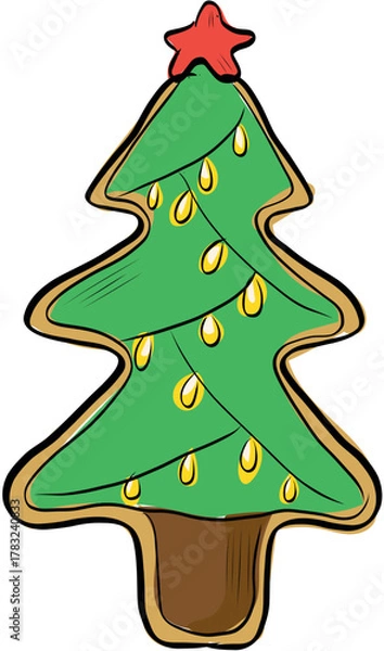 Fototapeta Christmas tree shaped gingerbread cookie with lights illustration