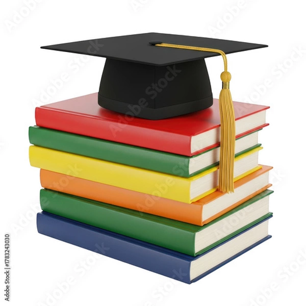 Obraz Stack of colorful books with graduation cap isolated on transparent background