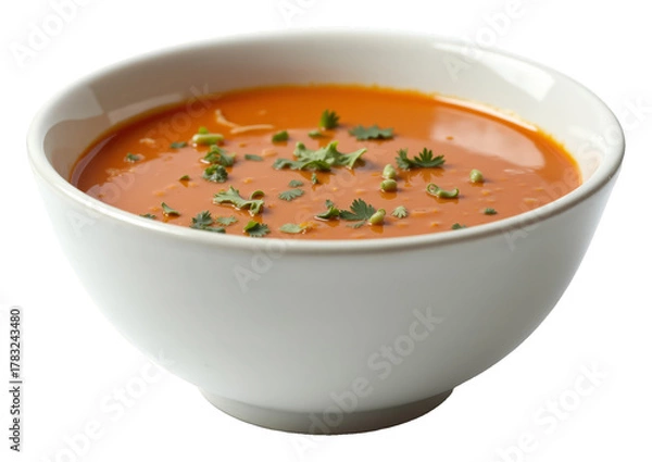 Fototapeta Creamy Tomato Soup – Gourmet Culinary Presentation with Fresh Herb Garnish for Cookbook and Food Blog Styling