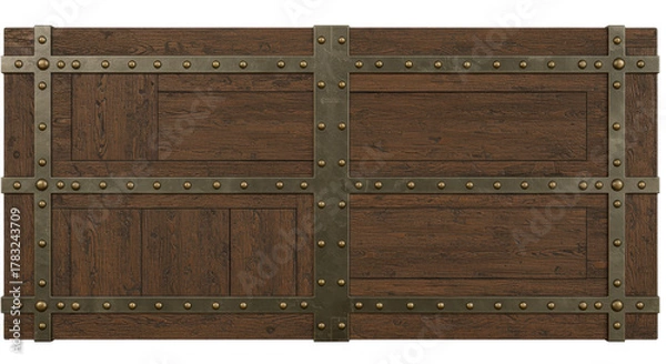 Obraz Rustic Wood and Iron: A detailed image of a solid, aged wooden panel door, accented by intricate iron bands and rivets, showcasing a classic design and a touch of vintage charm.