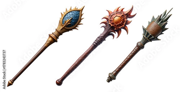 Fototapeta Fantasy Weapon Collection – Blue Gem, Fiery Sunburst, and Spiked Designs for Game Assets and Medieval RPGs