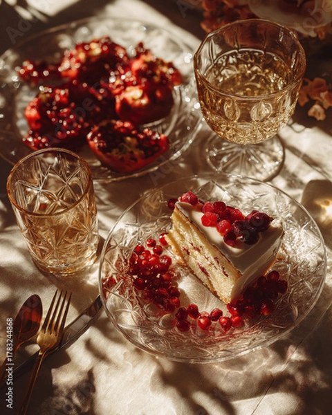 Fototapeta Warm golden-hour breakfast flat-lay with glass plates, pomegranate seeds and cake slice on vintage crystal glass