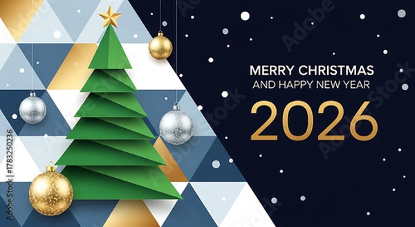 Obraz Stylized Christmas Tree with Ornaments and Snowflakes on Blue Background for Festive Holiday Greeting 2026, 4K image 