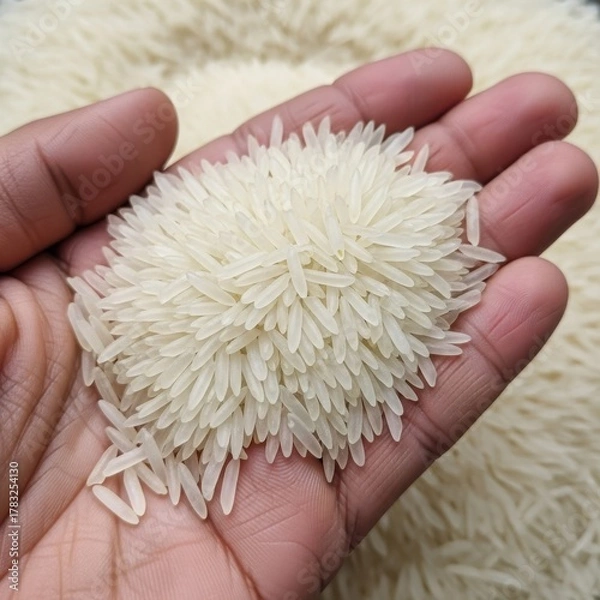 Obraz Close up of a hand holding a pile of uncooked long grain rice