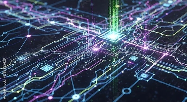 Obraz Futuristic Technology - Circuit Board with Glowing Central Processor.