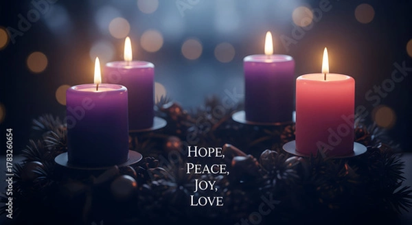 Obraz Advent Wreath with Lit Candles Symbolizing Hope, Peace, Joy, and Love, Candles glowing against bokeh background