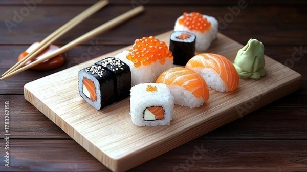 Fototapeta Delicious Assortment of Sushi Rolls on Wooden Board with Chopsticks and Wasabi