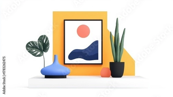 Obraz Modern Still Life with Abstract Art, Indoor Plants and Colorful Vases on Minimalist Shelf