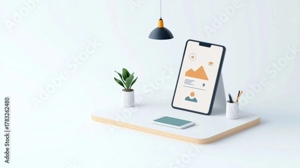 Fototapeta Modern Workspace with Tablet and Office Supplies on Minimalist Desk Setup