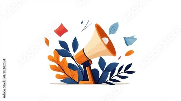 Fototapeta Colorful Megaphone Surrounded by Leaves and Paper Cutouts for Announcement Concept