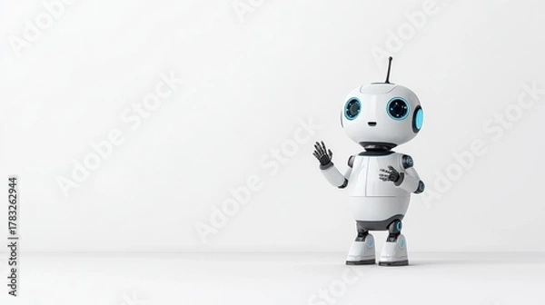 Fototapeta Friendly robot character with blue eyes waving on a clean white background