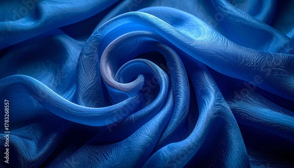 Obraz Luxurious Silk Swirl: Intricately draped, the rich blue silk fabric spirals into a mesmerizing display, its soft texture and vibrant color inviting touch and contemplation.