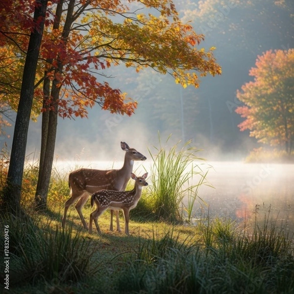 Fototapeta Doe and fawn by misty autumn lake with vibrant fall foliage