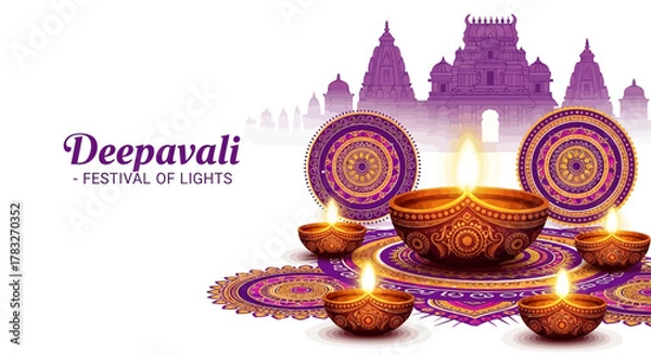 Fototapeta Deepavali Festival of Lights with Clay Lamps and Rangoli.