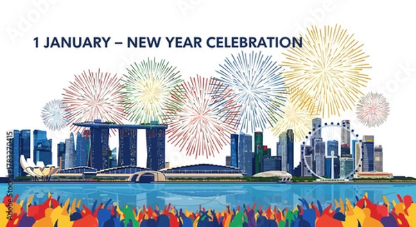 Fototapeta Singapore skyline celebrating New Year with a spectacular fireworks display.