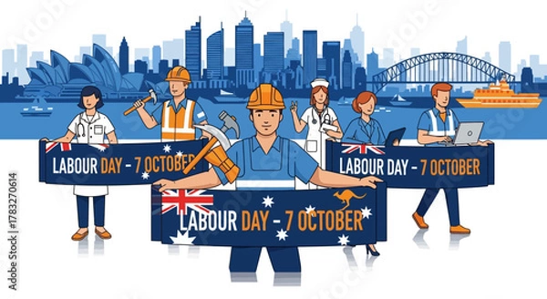Fototapeta Diverse group of workers celebrating Labour Day with Australian flags.