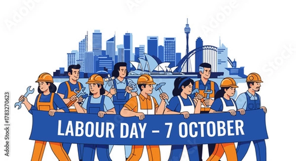 Fototapeta Labour Day Celebration with Workers Holding Banner in Front of Cityscape.