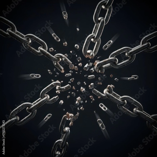 Fototapeta Exploding metal chains symbolizing freedom, breaking, strength, power