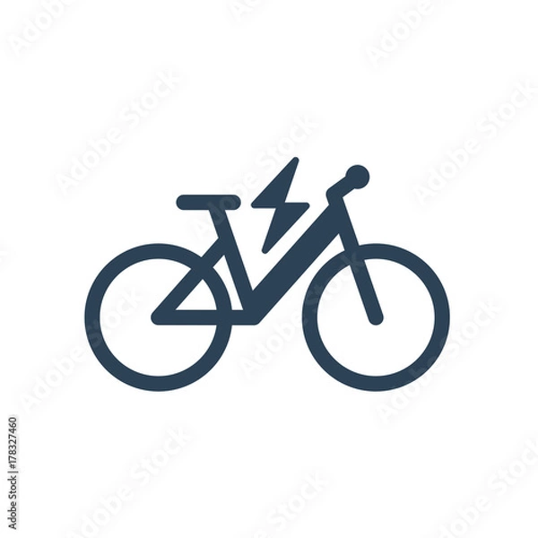 Obraz Na białym tle ikona symbolu elektrycznego roweru miejskiego na białym tle. Trekkingowa sylwetka e-roweru ze znakiem błyskawicy z oświetleniem elektrycznym.