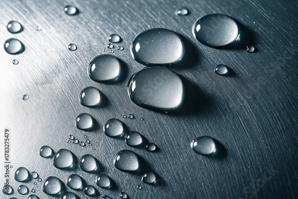 Obraz Spherical water droplets accumulating on a detailed, cool-toned brushed metallic surface under dramatic lighting.