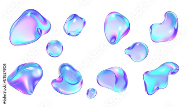 Obraz 3d glass holographic y2k abstract shape set - heart, flame, stars, cherry, lightning, crown, chain, arrow, polygon, spiral line, sphere with neon gradient isolated on black background 