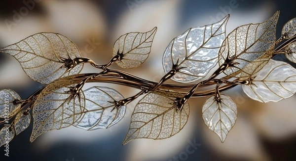 Fototapeta Close up of a golden branch with translucent decorative leaves