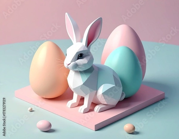 Obraz A stylish 3D geometric rabbit poses among pastel-colored Easter eggs in a modern environment.