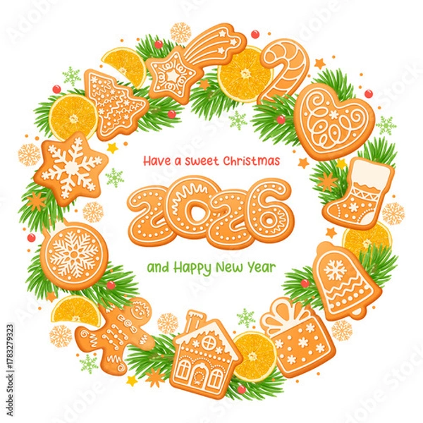 Fototapeta Merry Christmas and Happy New Year greeting with gingerbread cookies, arranged in circle on white background. Homemade cute sweets in form of festive symbols and numbers 2026. Vector illustration
