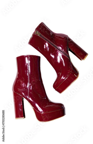 Fototapeta Pair of maroon, patent leather platform ankle boots (1)