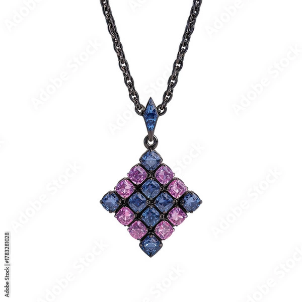 Fototapeta Diamond-shaped pendant with alternating pink and blue gemstones on a black chain