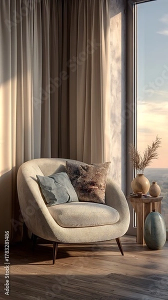 Fototapeta Cozy modern sofa by a sunlit window with ocean view