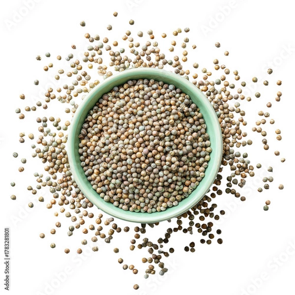 Fototapeta Small, light-tan seeds fill a light-teal bowl, surrounded by more seeds