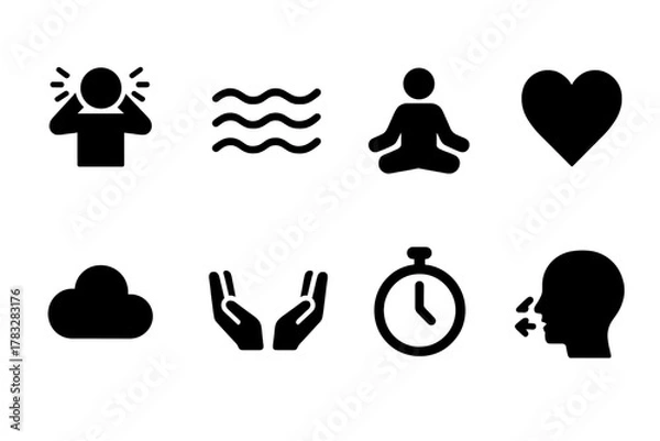 Obraz Anxiety Relief Icons. Anxiety Relief. Filled icon set of Anxiety Relief: tense figure, calming waves,