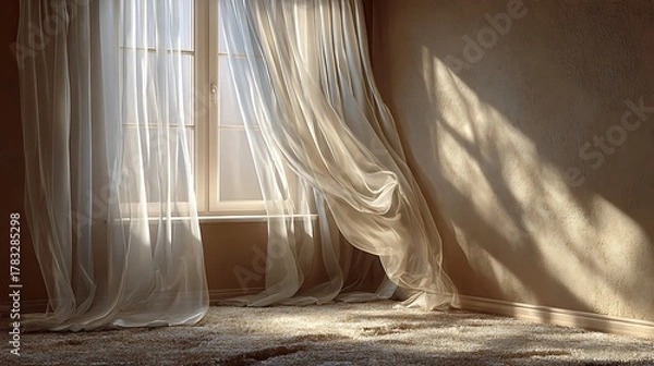 Fototapeta Sunlight streaming through sheer curtains onto a textured floor